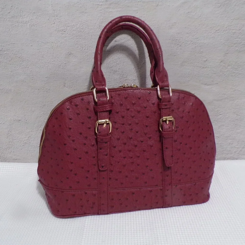 Ostrich Like Faux Leather Burgundy & Gold Accents Handbag‎ with Gray Lining